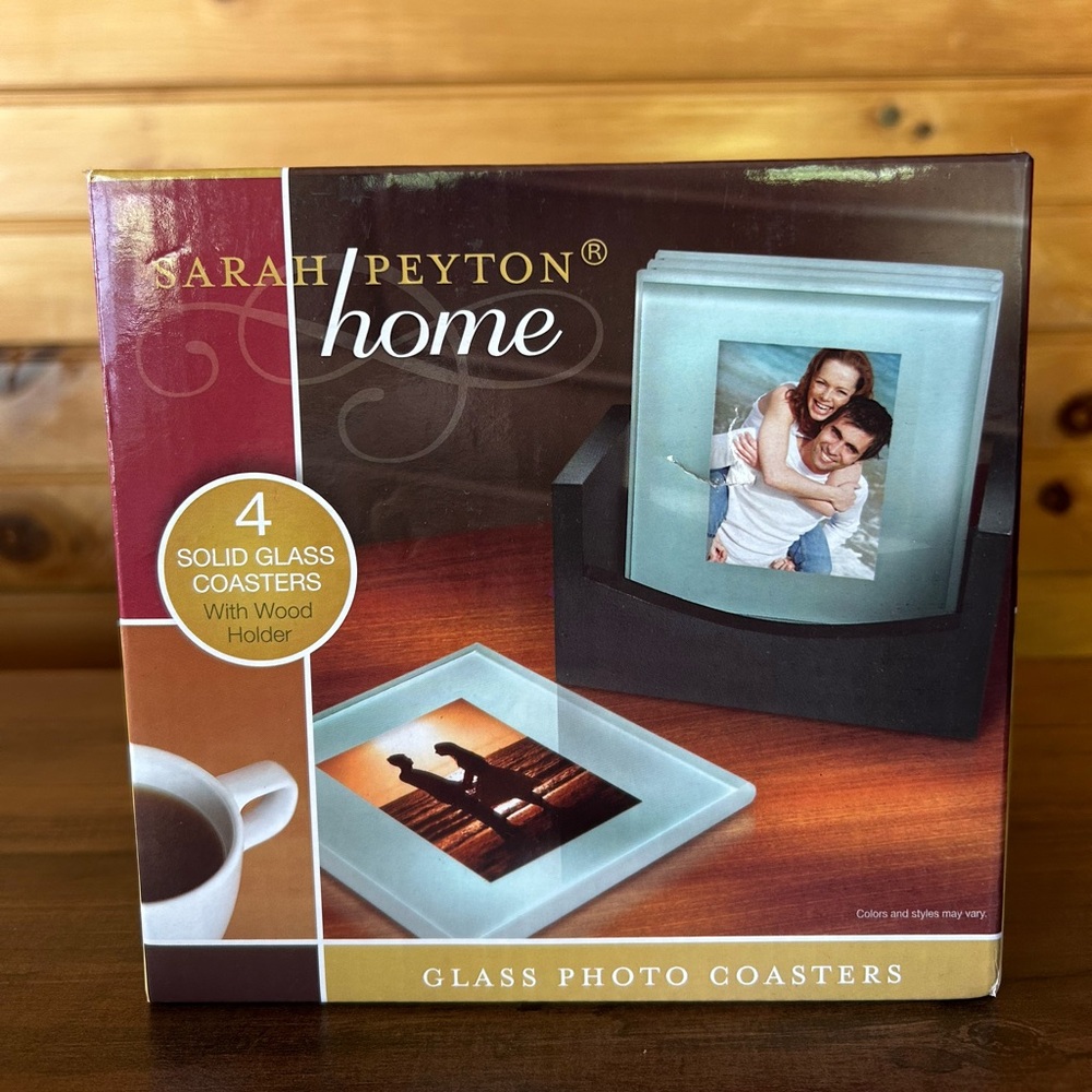 Sarah Peyton Set of 4 Solid Glass Photo Coasters with Holder